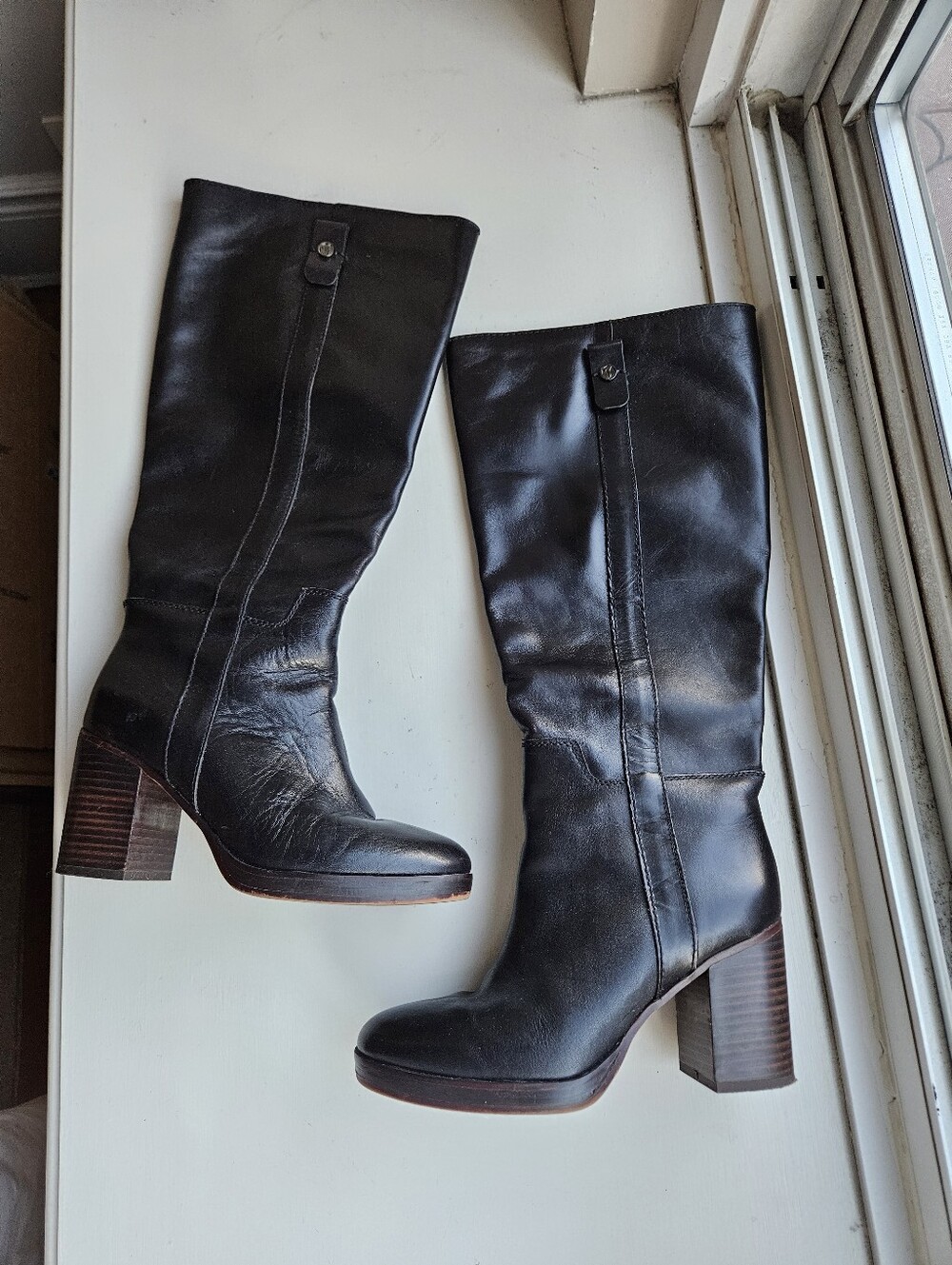 Franco Sarto Classic Black Tall Leather Womens Boots Wide Cafe - Size 8